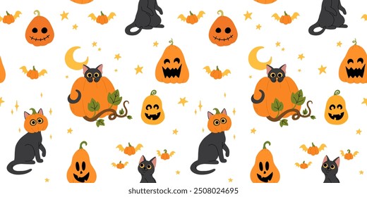 Cute black cat hiding behind a Halloween pumpkin and leaves, black cat with pumpkin on head, cat standing playing with flying pumpkins. Flat cartoon vector seamless pattern for halloween.