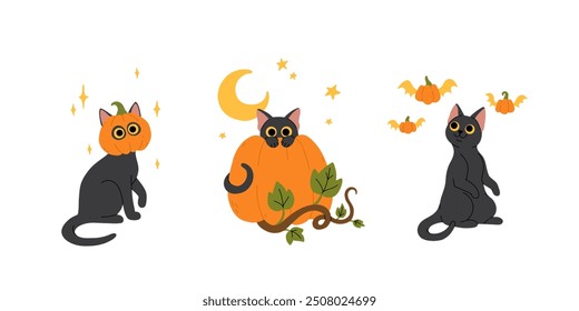 Cute black cat hiding behind a Halloween pumpkin and leaves, black cat with pumpkin on head, cat standing playing with flying pumpkins. Flat cartoon vector illustration for halloween.