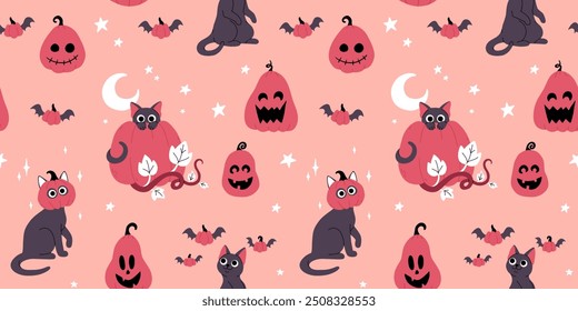 Cute black cat hiding behind a Halloween pumpkin and leaves, black cat with pumpkin on head, cat standing playing with flying pumpkins. Flat cartoon vector seamless pattern for halloween.