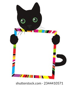 Cute black cat holding an empty frame with place for your text