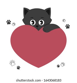 Cute black cat holding a red heart. Cartoon character. Vector illustration with copy space isolated on white background