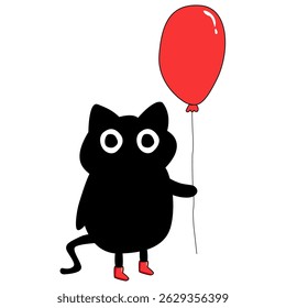 A cute black cat holding a red balloon. cartoon