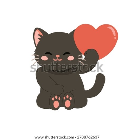 Cute black cat holding red heart cartoon pet love design. Valentine cat