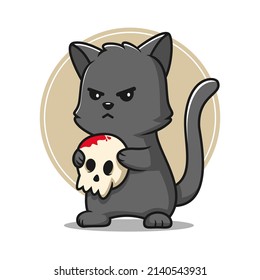 Cute black cat holding skull