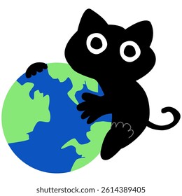 Cute black cat Hug World Cartoon Vector Icon Illustration. Animal Nature Icon Concept Isolated Premium Vector. Flat Cartoon Style