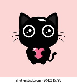 cute black cat hugging heart