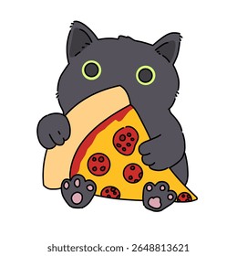 Cute black cat hugging pepperoni pizza slice cartoon illustration 
