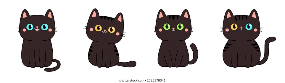 Cute black cat icon set line. Kitten face head with yellow, green, blue eyes. Cartoon pet baby character. Funny kawaii animal. Childish style. Flat design. White background. Isolated. Vector