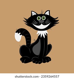 Cute black cat illustration in flat style. Stock vector design