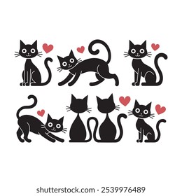 Cute Black Cat Illustrations with Hearts for Romantic Designs,
Charming Black Cat Silhouettes with Hearts for Valentine's Day