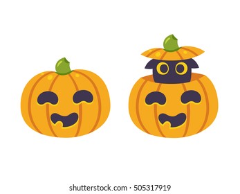Cute black cat inside carved pumpkin. Funny Halloween vector illustration.