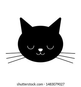 Cute black cat isolated on a white background. Kawaii illustration. Sleeping cat face head