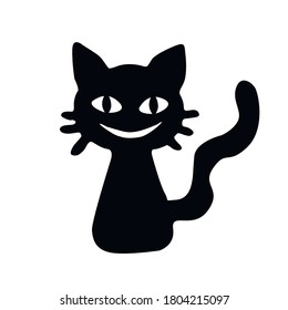 Cute black cat isolated on white background. Pet creepy smiling with mustache and tail. Vector silhouette flat Doodle