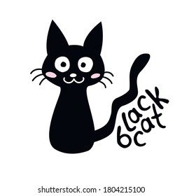 Cute black cat isolated on white background. Pet lovely smiling with mustache and tail. Vector silhouette flat Doodle