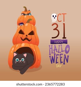  Cute Black Cat with Jack O Lantern Playing Trick or Treat Poste,r Banner for Halloween Celebration, Vector, Illustration