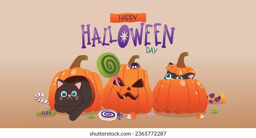  Cute Black Cat with Jack O Lantern Playing Trick or Treat Poste,r Banner for Halloween Celebration, Vector, Illustration