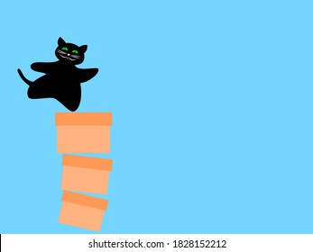 El gato negro lindo salta sobre la pila de las cajas