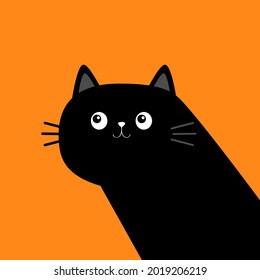 Cute black cat kitten face head body in the corner. Kawaii baby pet animal. Cartoon character. Notebook cover, tshirt, greeting card print. Scandinavian style. Flat design. Orange background. Vector