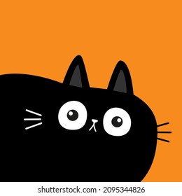Cute black cat kitten face head body in left corner. Cartoon character. Kawaii baby pet animal. Notebook cover, tshirt, greeting card print. Scandinavian style. Flat design. Orange background. Vector