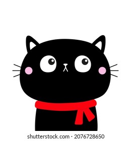 Cute black cat kitten head face looks up. Red scarf. Merry Christmas. Cartoon kawaii character. Pet baby collection. Xmas Greeting card. Flat design. Isolated. White background. Vector illustration