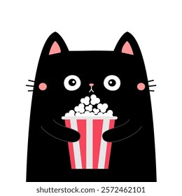 Cute black cat kitten holding popcorn box. Kitten watching movie. Pop corn food. Cartoon funny character. Cinema theater. Film show. Childish style. Flat design. White background. Isolated. Vector