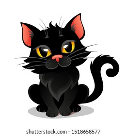 Cute black cat. Kitten. Illustration isolated on  white background