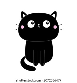 Cute black cat kitten looks up. Cartoon kawaii character. Pet baby collection. Funny face. Happy Halloween. Greeting card. Flat design. Isolated. White background. Vector illustration