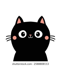 Cute black cat kitten silhouette icon. Funny kawaii animal. Smiling face. Cute cartoon pet baby character. Greeting card. Sticker print. Childish style Flat design. White background. Vector