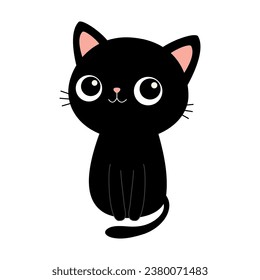 Cute black cat. Kitten sitting. Pink ears, nose. Cartoon funny character. Kawaii sad kitty baby animal. Love. Black silhouette sticker. Flat design. White background. Isolated. Vector illustration