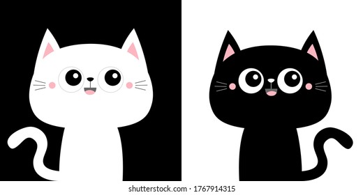 Cute black cat kitty kitten icon set. Kawaii cartoon character. Smiling face, tail. Happy Valentines Day. Baby greeting card tshirt notebook cover print. White black background. Flat design. Vector
