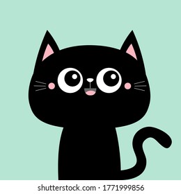 Cute black cat kitty kitten smiling face icon. Kawaii cartoon character. Happy Valentines Day. Pink cheeks. Baby greeting card tshirt notebook cover print. Blue background. Flat design. Vector