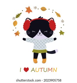 Cute black cat with leaves. Greeting card I like Autumn. Cartoon flat style. Vector illustration