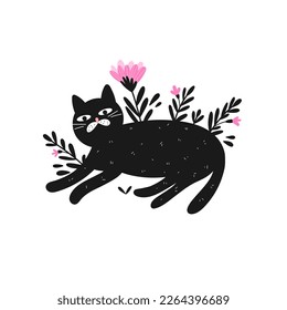 Cute black cat lies among pink flowers and black leaves. Fashion design of funny animal in doodle style in vector. Perfect for print on t shirt or card 