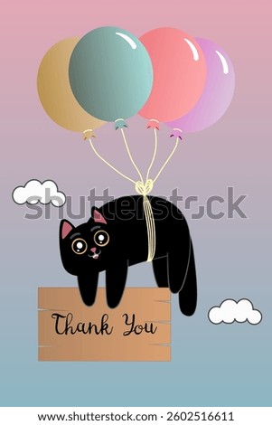 Cute Black Cat Lifted by Balloon with 'Thank You' Wooden Sign – Perfect for Thank You Cards and Invitations