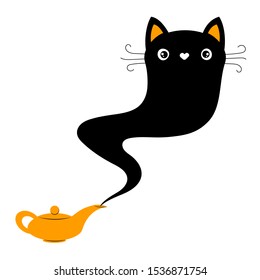 Cute black cat like gin in the lamp. Vector cartoon illustration. Isolated object on a white background.