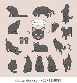 Cute black cat line drawing illustration