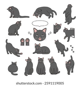 Cute black cat line drawing illustration