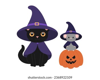 Cute black cat and little mouse in witch hats and mantles with scary pumpkin. Halloween design with animals. Vector flat illustration for banner, poster, greeting card