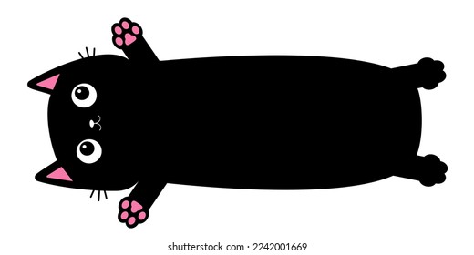 Cute black cat. Long body with pink paw print. Cartoon baby character. Funny face head silhouette. Happy Halloween. Meow. Kawaii animal. Pet collection. Flat design. Isolated. White background. Vector