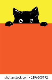 Cute black cat looks out from under a table, vector illustration