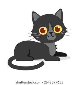 Cute Black Cat Lying Down with Big Eyes in Cartoon Style Illustration