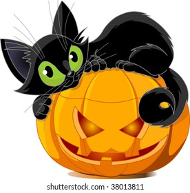 A Cute Black Cat Lying On A Pumpkin.