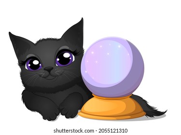 Un gato negro lindo con una bola mágica aislada en un fondo blanco. Ilustración vectorial de dibujos animados.