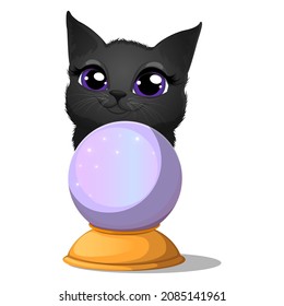 Cute black cat with a magic ball isolated on a white background. Cartoon vector illustration.