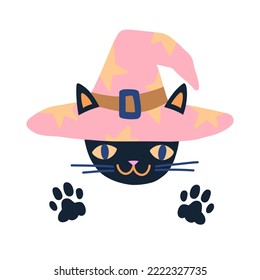 Cute black cat in a magic hat with stars. Halloween cartoon vector illustration. Symbol of magic and mysticism.