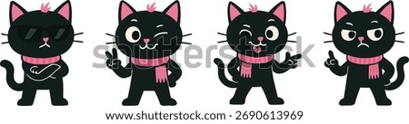 Cute black cat mascot in four cool poses: sunglasses with crossed arms, playful wink peace sign, cheeky tongue finger guns, and stern pointing gesture; flat vector cartoon set.