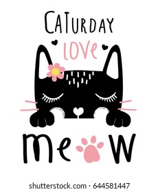 cute black cat and meow slogan vector design.