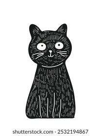 Cute black cat in a minimalist cartoon style, doodle style, hand-drawn, on a white background