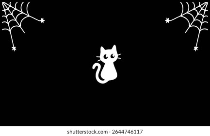 Cute Black Cat Minimalist Halloween Vector with Spider Web Corners
