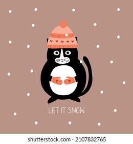 Cute black cat with mittens and a warm hat hand drawn vector illustration. Funny winter character. "Let it snow" greeting card. 